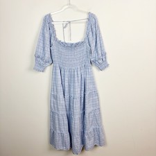 Hill House Nesli Nap Dress Diana Check Blue Plaid Smocked Size Medium