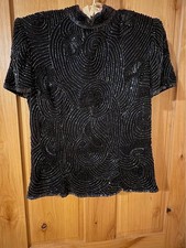 Papell Boutique Evening Vintage Black 100 Silk Beaded Top Women's S  EUC 
