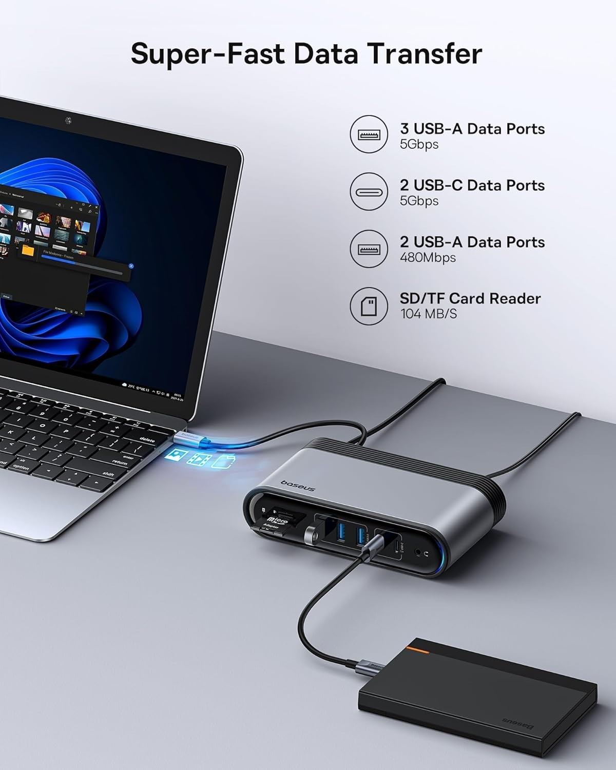 Baseus- 17 in 1 Docking Station - 3 Monitor; 2x HDMI+DP, 7 USB, 1Gbps Ethernet