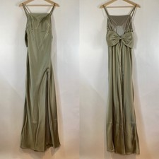 Revelry Steph Silver Sage Satin Front Slit Bow Back Long Dress Size 0 Prom Party