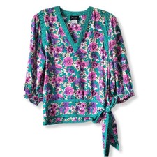 Women 80s Diane Freis Silk Pink Teal Blue Floral Blouse M L Colorful Retro Artsy