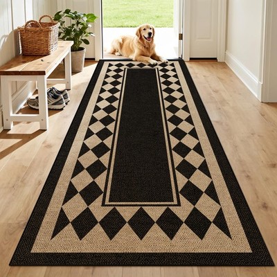 Washable Checkered Easy Jute Runner Rug 2x6, Black Checkerboard Geometric Out
