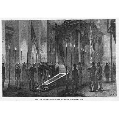 SPANIEN Der König besucht die Leiche des Marschalls Prim - Antikdruck 1871