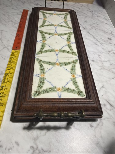 Antique 1870 Carved Walnut framed three tile Trivet Tray - Picture 10 of 24