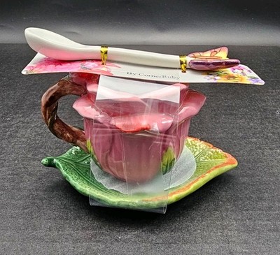 New Corner Ruby Garden Collection Pink Rose Flower Teacup Leaf Saucer Set 3pc