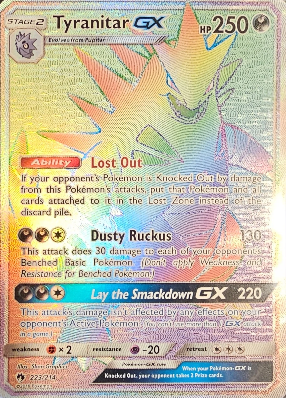 Tyranitar GX LP Lost Thunder Holo Card 223/214 Secret Ultra Rare Pokemon TCG