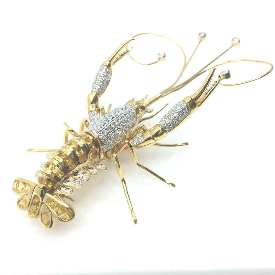 Broche langosta en oro amarillo de 18k | diamantes, zafiros amarillos y rubíes Foto 2 de 4