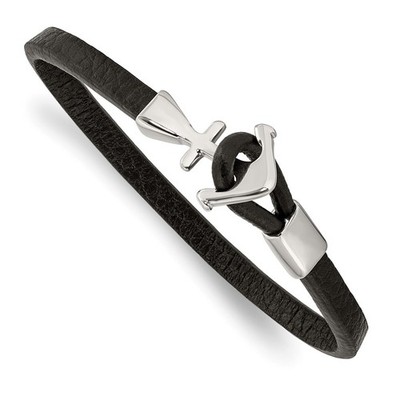 Edelstahl poliert Anker schwarz Leder Armband 8''