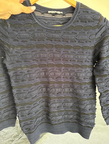 Marcs Women’s Navy Textured Crew Neck Knit Jumper Semi Sheer Detail Size XXS - Picture 3 of 5