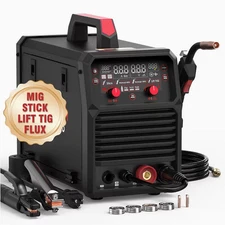 165Amp MIG Welder, 110/220V, Gas/Flux Core MIG, Lift TIG & Stick, LED Display, T
