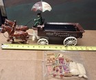 VINTAGE CAST IRON HORSE DRAWN FRUIT WAGON WITH DRIVER AND CRATES — photo 1