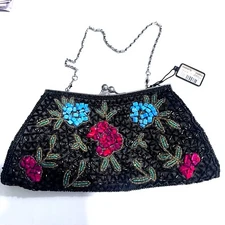 New Bijeux Terner Beaded Satin Black Clutch Purse Evening Bag Boho Floral