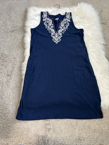 Lands End Womens Sleeveless DressSmall 6-8 Navy Cotton Knit Embroidered Pockets - Picture 6 of 10