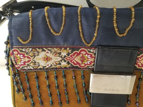 XOXO Shoulder Fabric Bag Purse Blue & Brown with Fringe & Tapestry Trim 11" x 6" - Picture 4 of 9