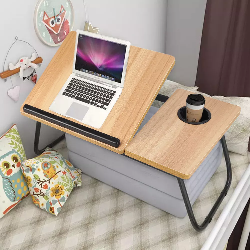 Adjustable Bed Tray With Folding Legs Serving Breakfast Lap Tray Cup Slot Table