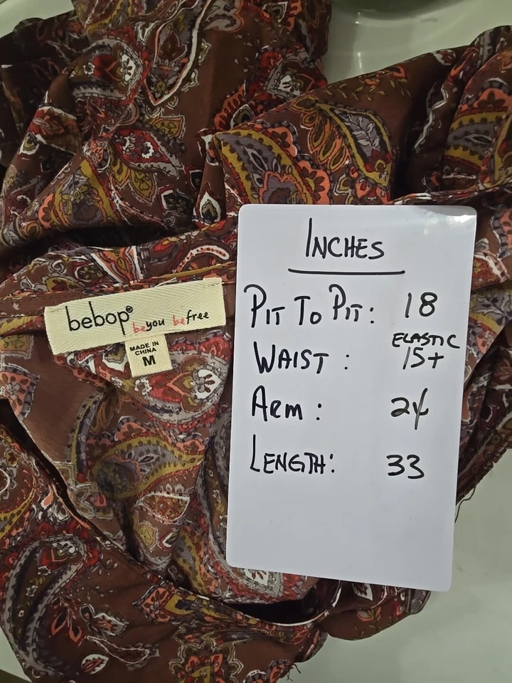 Y2K Dress Womens Medium Tiered Brown Paisley Long sleeve V-Neck Fit Flare Bebop - Image 4 of 4