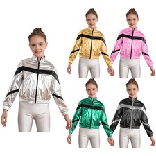 Girls Boys Shiny Metallic Bomber Jacket Hip Hop Jazz Disco Dance Competition Top
