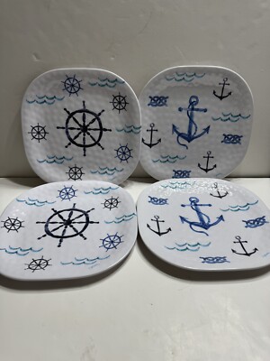 Set of 4 CITRUS GROVE Anchor/Sea Square Plates 11  Blue/White