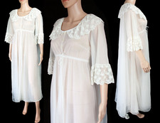 Vintage Radcliffe White Double Chiffon Hollywood Back Lace Bell Sleeve Robe S-M