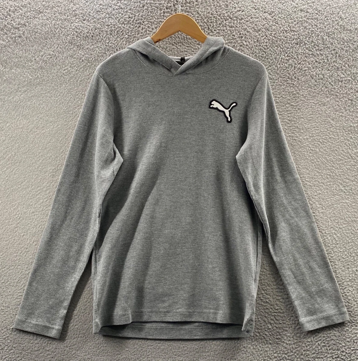 Puma Sweater Mens Small Gray White Logo Hoodie Sweatshirt Waffle Knit Hooded