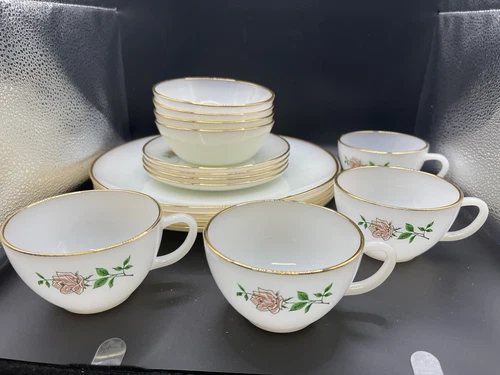 Vintage Anchor Hocking Fire-King Anniversary Rose 4 Plates, Bowls, & Cup & Sauc