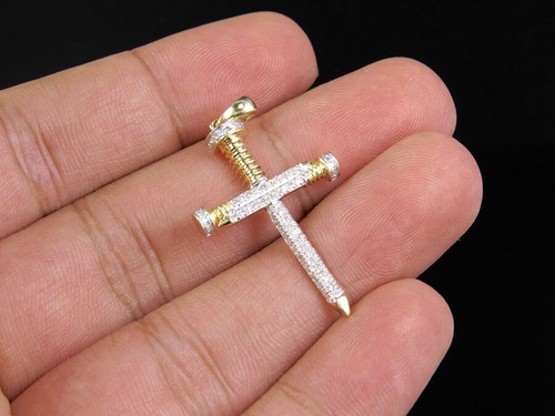 Men's 10k Yellow Gold Nail Cross 0.40 Ct Genuine Diamond Charm Pendant 1.5" - Bild 2 von 6