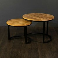 2Er Set Couchtisch Mangoholz Rund Metall Mango Satztische Sofatisch Schwarz