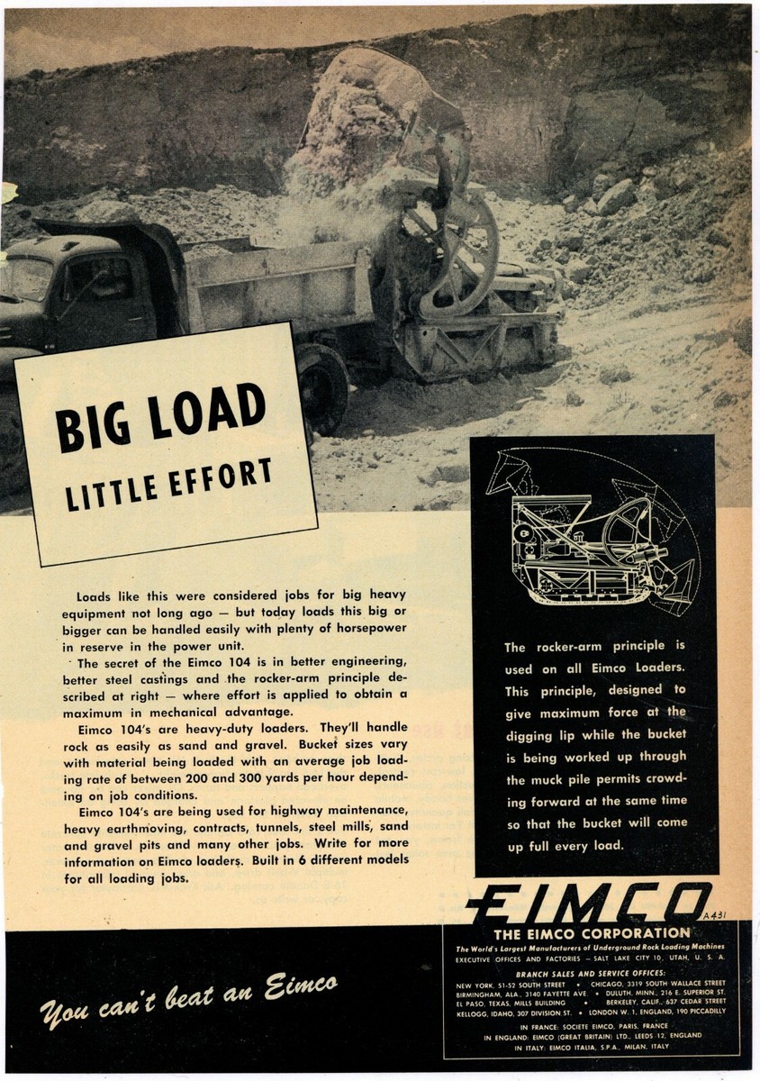 1963 EIMCO 104 Tractor Loader Ad: Big Load - Little Effort, You 