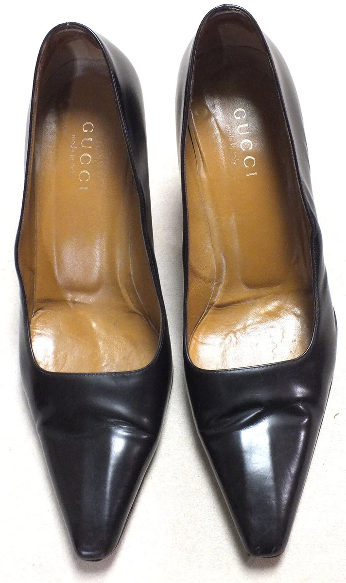 Original Gucci Women s Black Leather Shoes Heels Pumps Sz. 41C US
