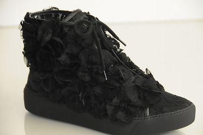 $2395 New Chanel CAMELLIA FLOWER MESH LACE BLACK HI TOP Sneakers