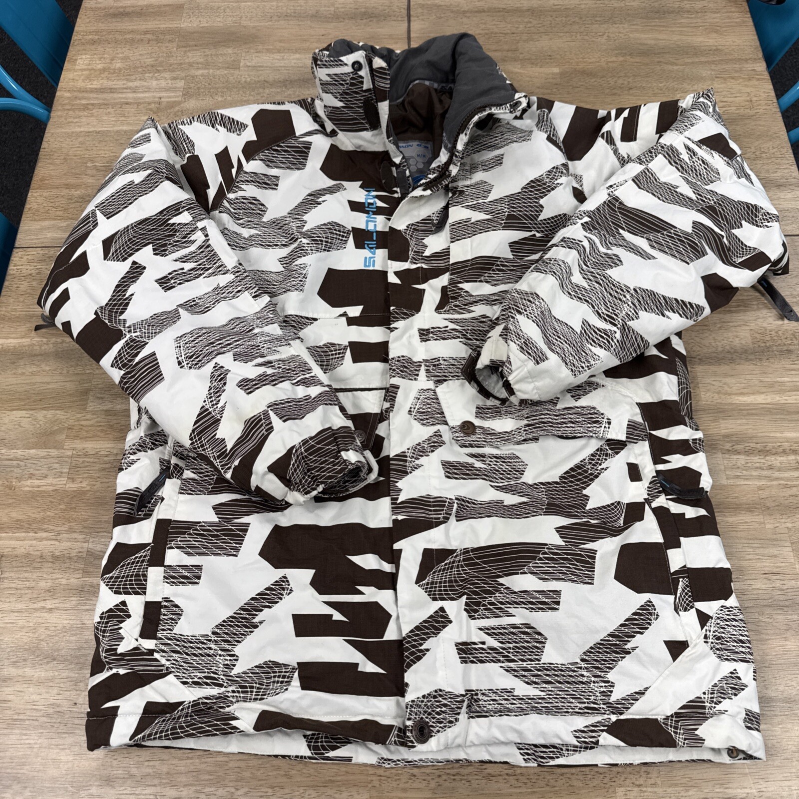 2007 Salomon Puffer Jacket Uomo M Sci Snowboard Invernale Marrone Bianco *NO CAPPUCCIO*