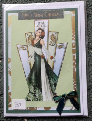 Handgefertigte Weihnachtskarte - Frohe Weihnachten - schicke Dame, grün - 5'' x 7''