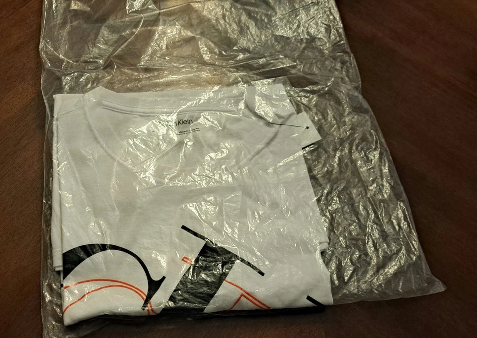 Calvin Klein Men's Bright White S/S Cotton T-Shirt,  Blk & Red Tri Logo Medium - Image 2 of 4