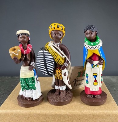 3 Vtg African Tribes Collection Zulu Woman Man Warrior Handmade Clay Figurine