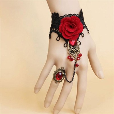 New Elegant Gothic Style Lace Red Rose Bracelet with Adjustable Finger Ring SJOY