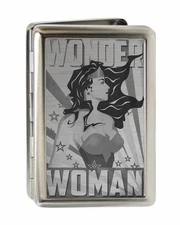 Buckle-Down Metal Wallet-Wonder Woman Pose/Stars & Rays Brushed Silver