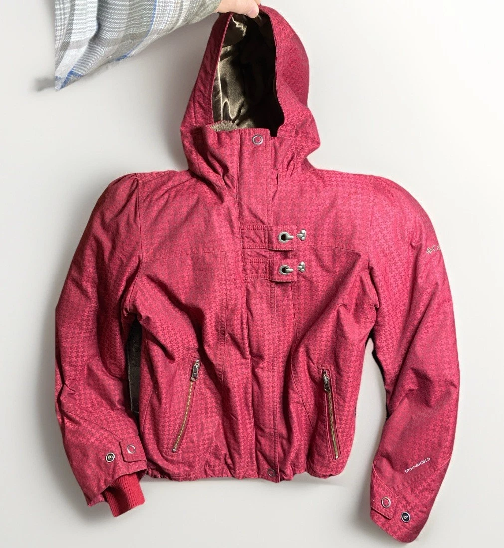 Columbia Women Abbot Kinney Red Houndstooth Faux Fur Hood Omni Shield Winter