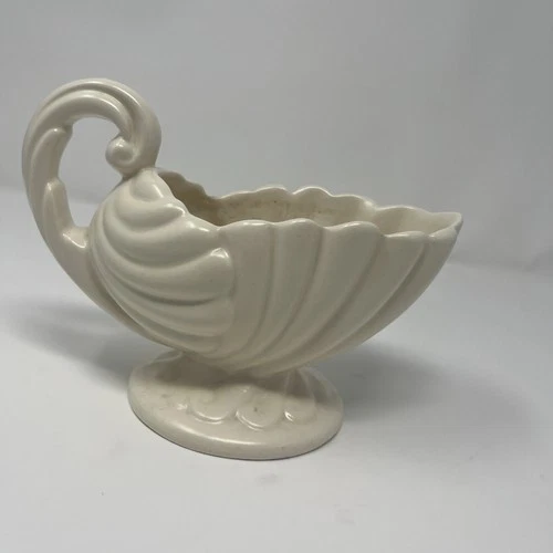 VINTAGE MCM HAEGER PLANTER SEA SHELL CORNUCOPIA PEDESTAL WHITE POTTERY USA