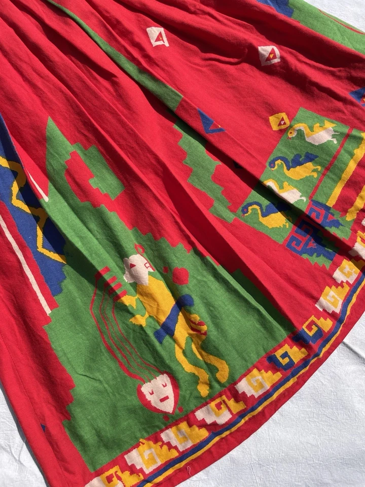 Vintage 70s Size 8 W26 Red Boho Folk Patterned Midi Skirt - Image 4 of 4