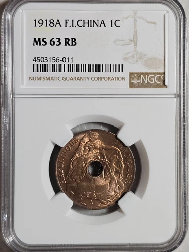 French Indochina 1 Cent 1918A NGC MS 63 RB