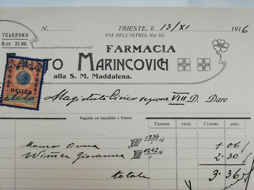 FARMACIA MARINCOVICH TRIESTE 13 NOVEMBRE 1916 - Picture 2 of 4