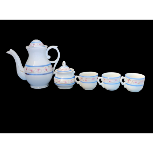 Miniature porcelain tea or coffee pot, sugar bowl, and 3 cups - Picture 1 of 8