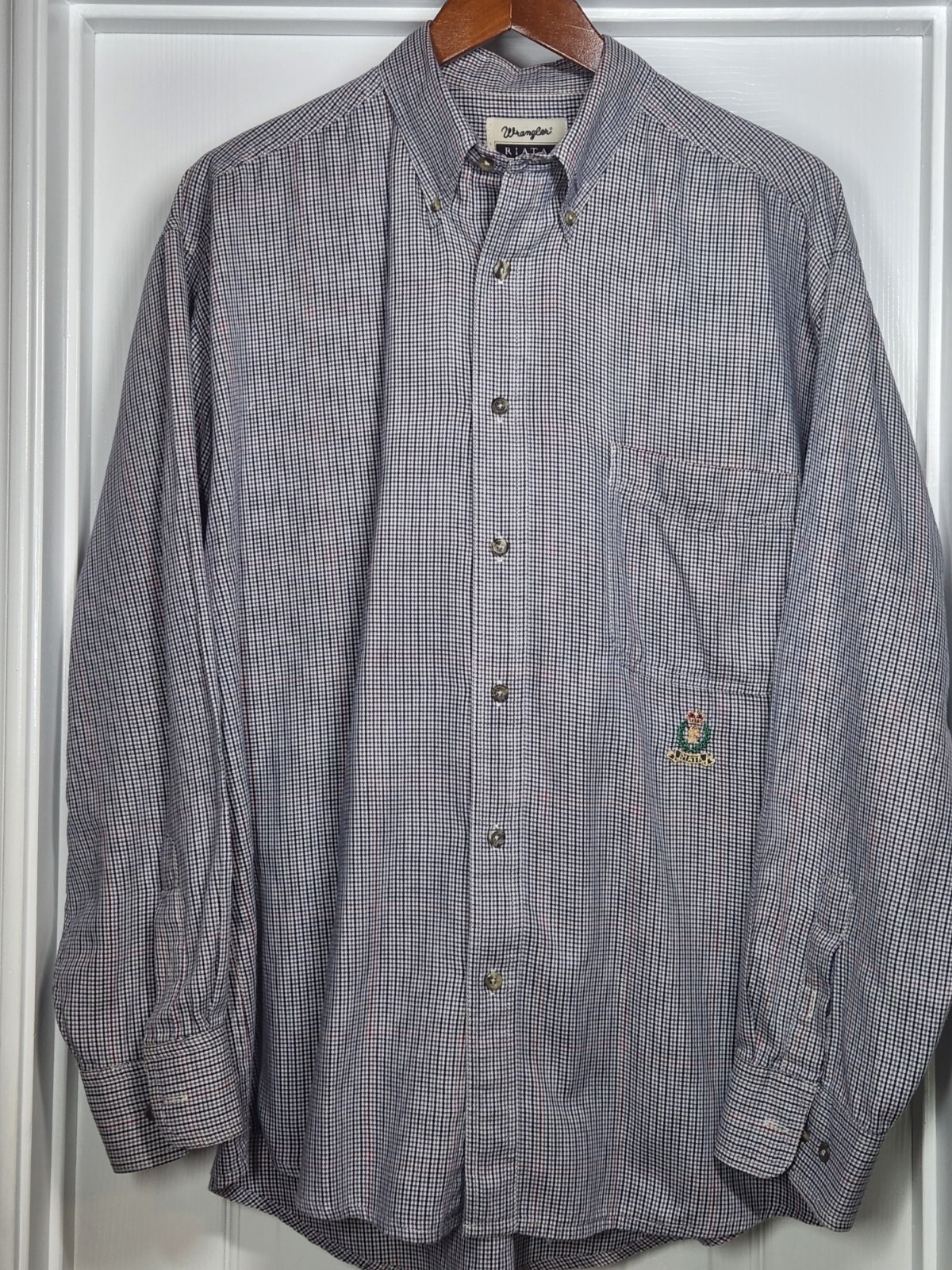 Vintage Wrangler Riata Mens Lg 16.5-34/35 Shirt Blue Houndstooth Long Sleeve