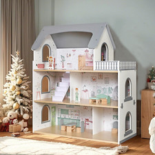Wooden Dream Playhouse for Girls with Balcony,Doll House for Kids with Furniture