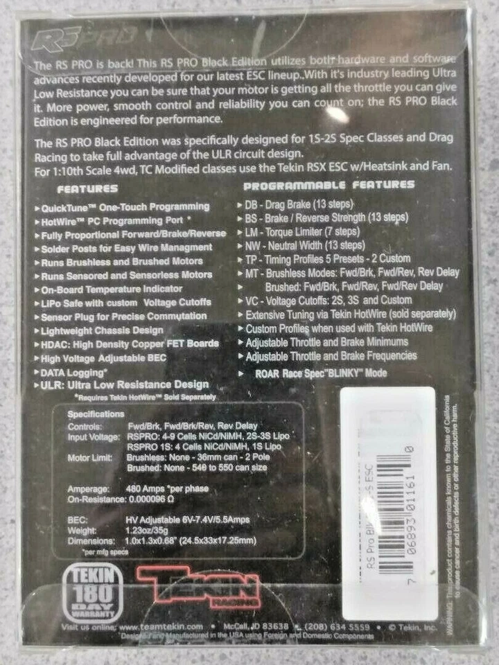 Tekin RS Pro Black Edition BL 1S 1/12 Sensored/Sensorless Brushless ESC TT1161 - Image 3 of 3