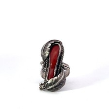 Sterling Silver 1.25" Red Natural Coral Double Leaf Western Ring
