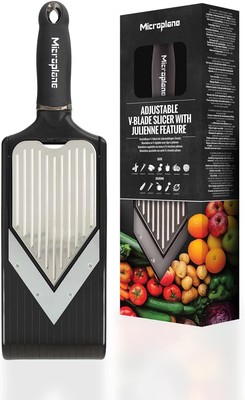 Microplane adjustable vegetable slicer with V-blade and julienne blade insert in