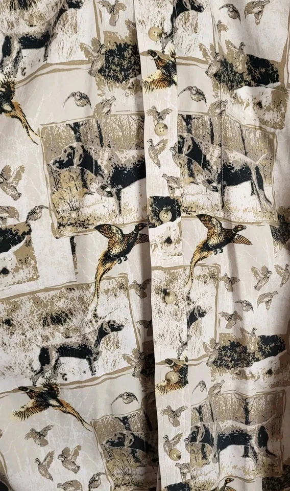 Vtg Pheasant Bird Hunting Dog All Over Print Mens Large Tall Button Down Shirt - Image 3 of 4