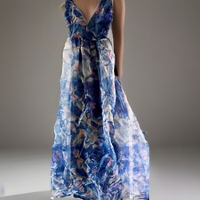 Lulu's Dress Bloom Wildly Navy Blue Floral Organza Maxi Dress -Brand new
