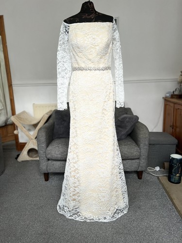 Brand New Ivory Lace Over Champagne Off Shoulder Wedding Dress Size 12 - Picture 7 of 16